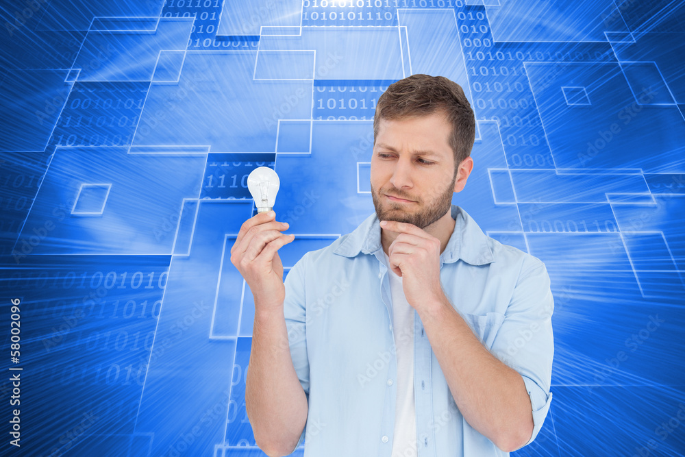 Poster composite image of sceptical model holding a bulb