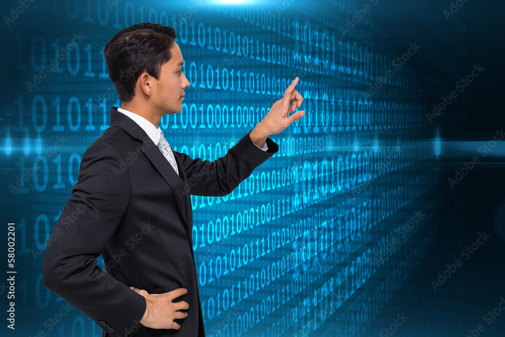 Poster composite image of unsmiling asian businessman pointing