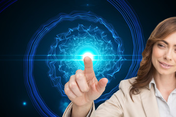 Composite image of businesswoman touching invisible screen