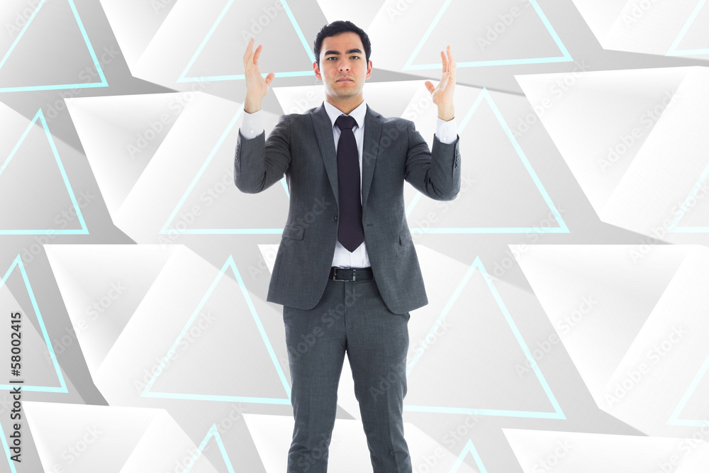 Poster composite image of unsmiling businessman with arms raised