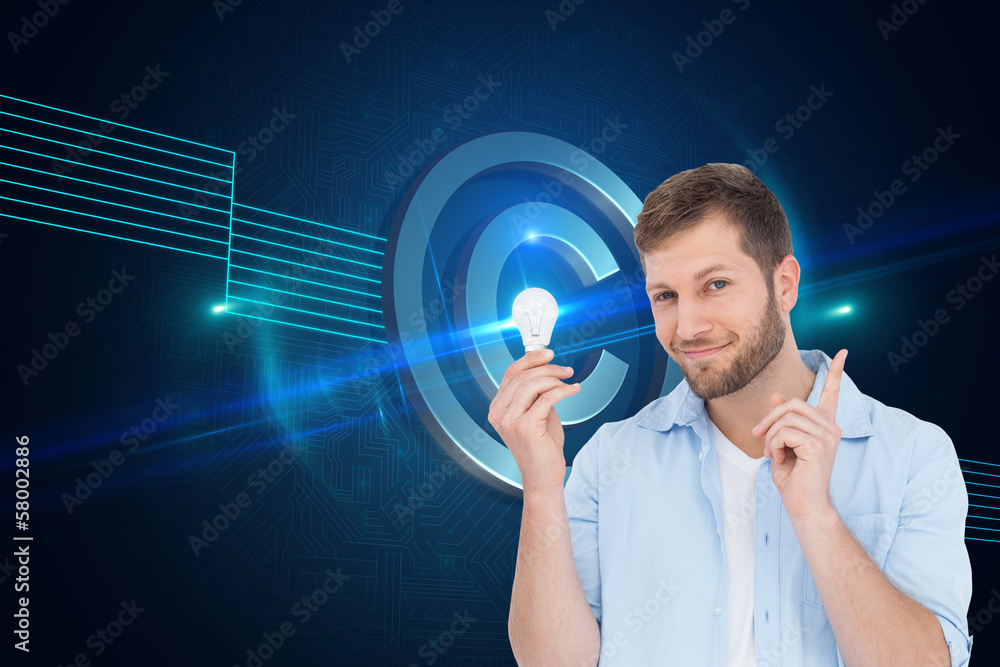 Poster composite image of charming model holding a bulb in right hand