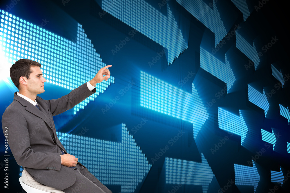 Poster composite image of businessman sitting and pointing the finger