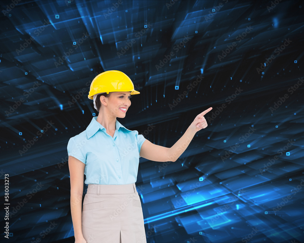 Poster Composite image of smiling attractive architect pointing