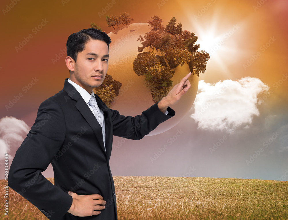 Poster composite image of unsmiling asian businessman pointing