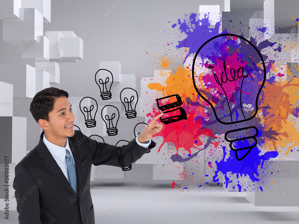 Poster composite image of smiling asian businessman pointing