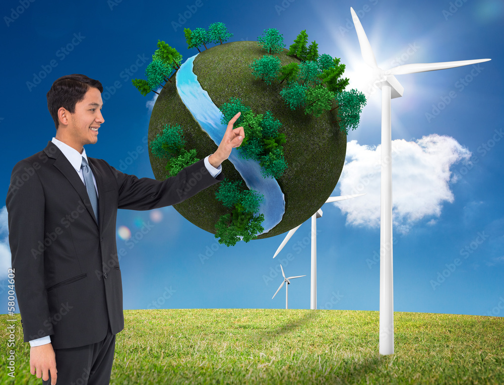 Poster composite image of smiling asian businessman pointing