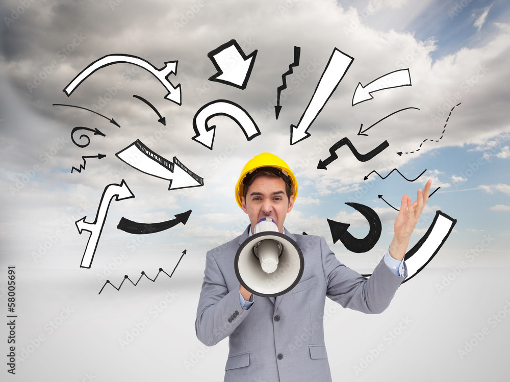 Poster Composite image of architect with hard hat shouting with a megap