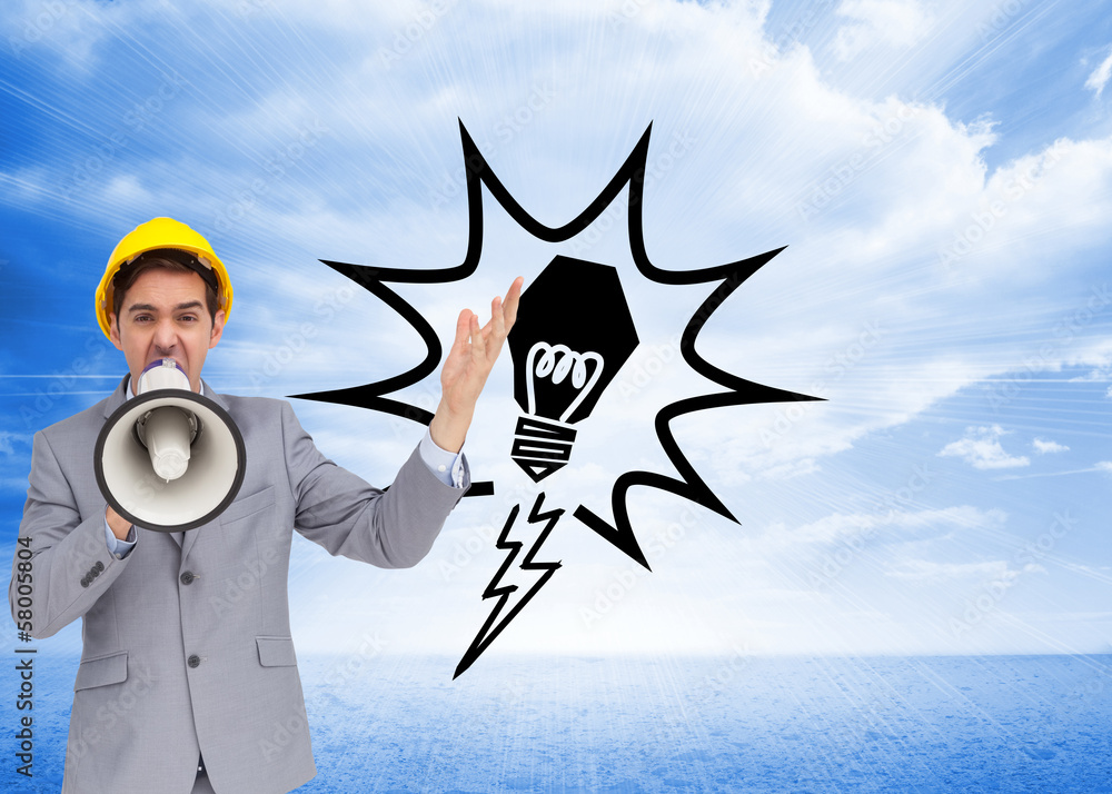 Poster Composite image of architect with hard hat shouting with a megap