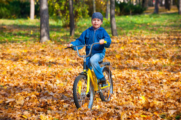 Fototapeta na wymiar boy rides a bicycle in park