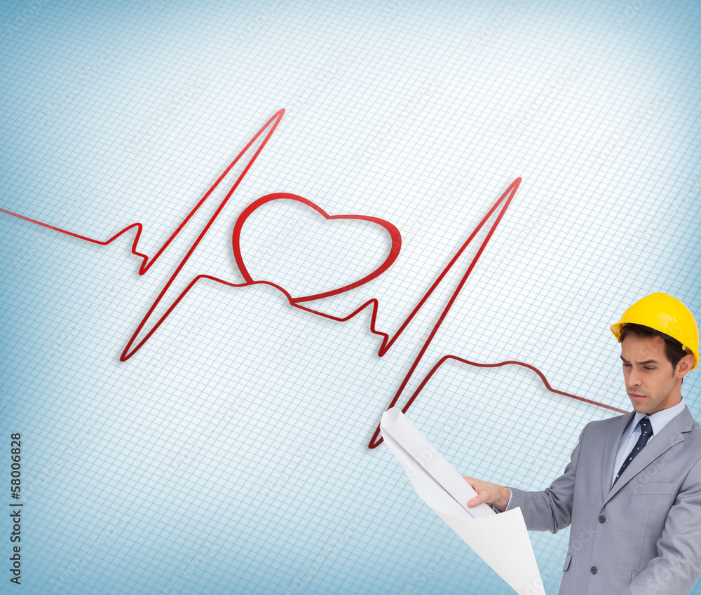 Poster composite image of serious architect with hard hat looking at pl