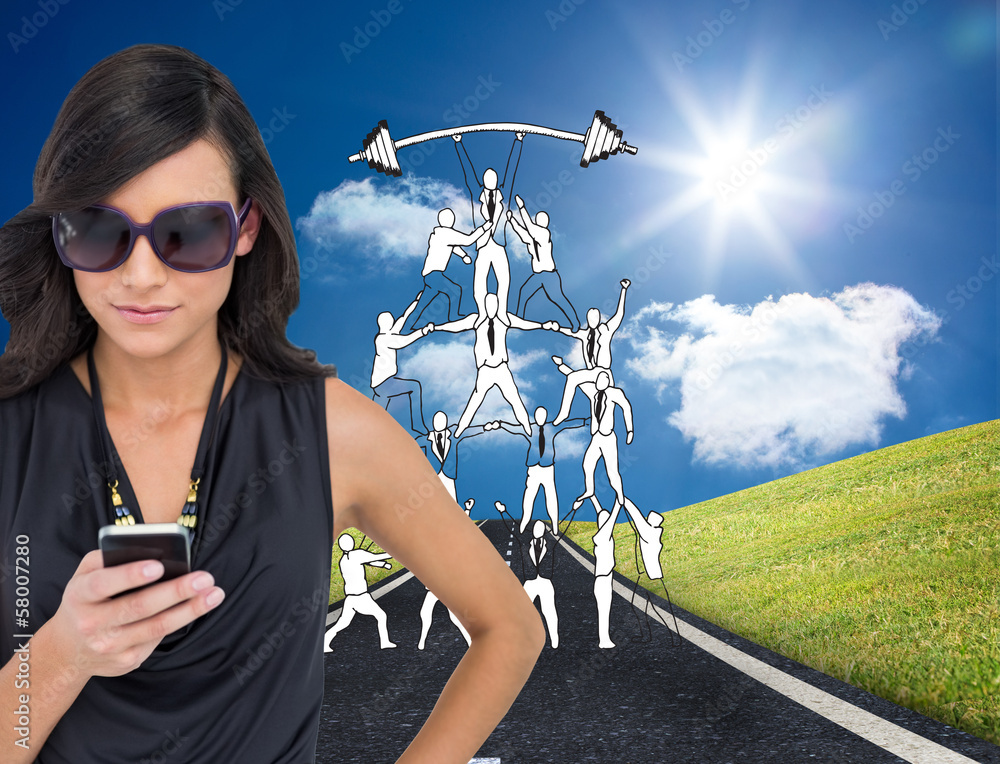 Poster composite image of happy brunette using smartphone