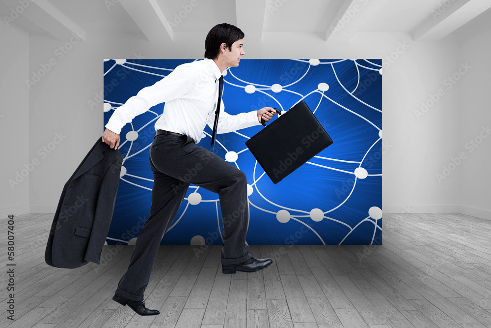 Poster Composite image of side view of walking tradesman with jacket an