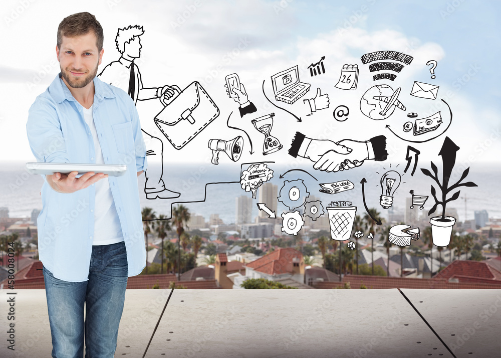 Poster composite image of happy man showing laptop to camera and smilin