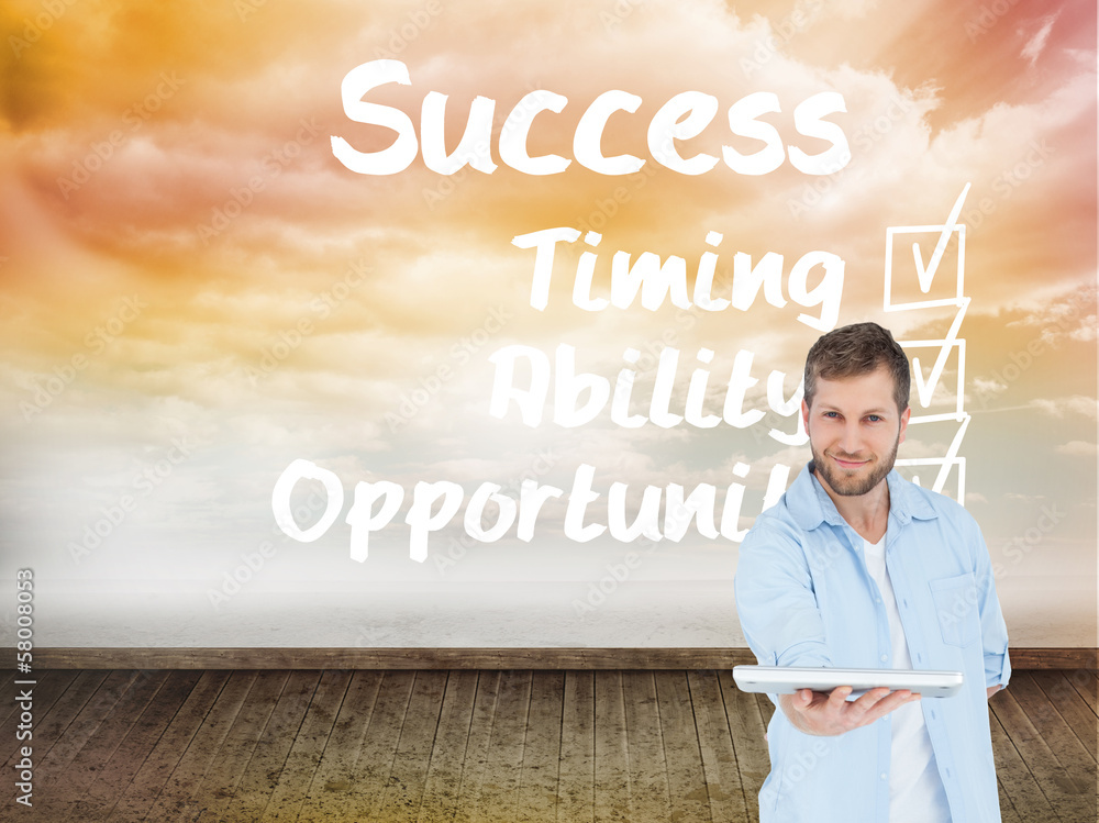 Poster composite image of happy man showing laptop to camera and smilin