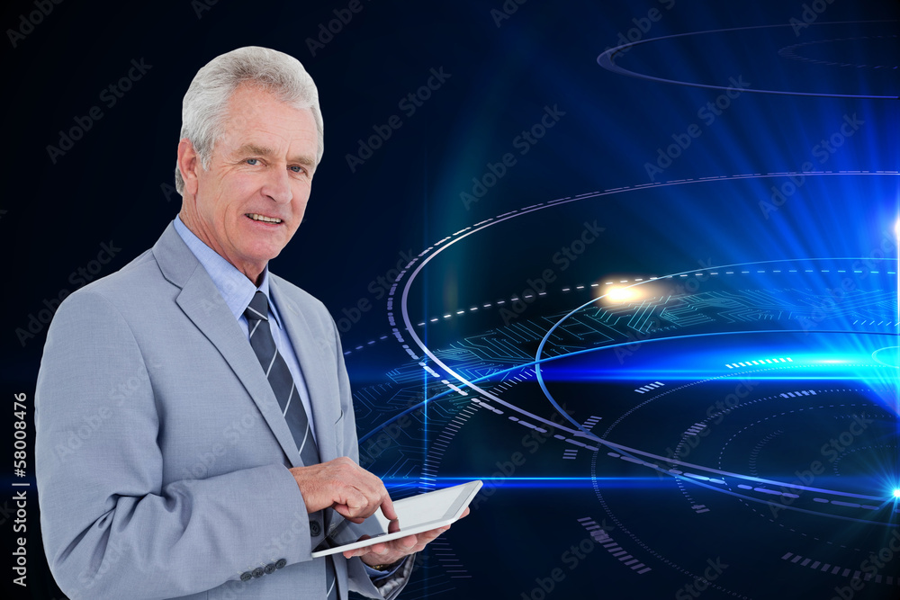 Poster Composite image of side view of mature tradesman with tablet com