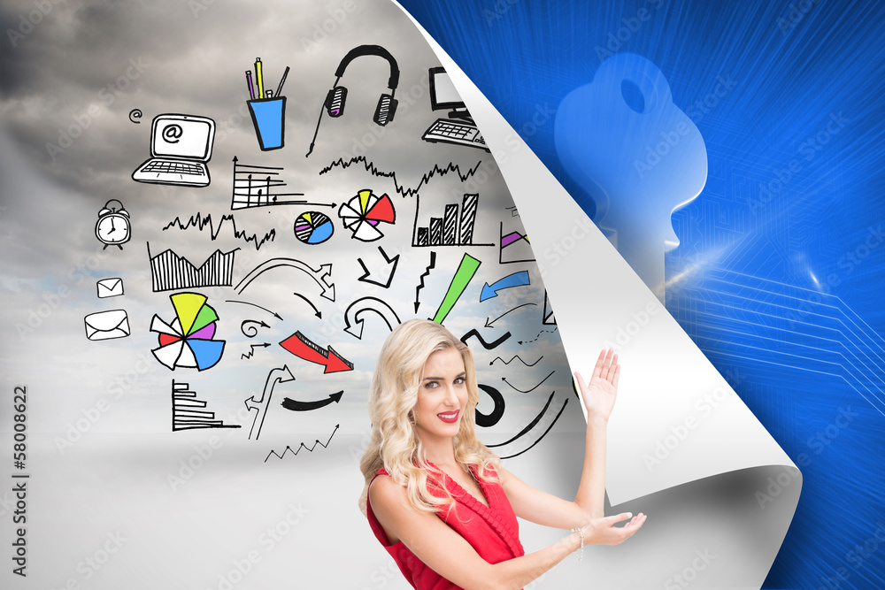 Poster composite image of smiling blonde presenting