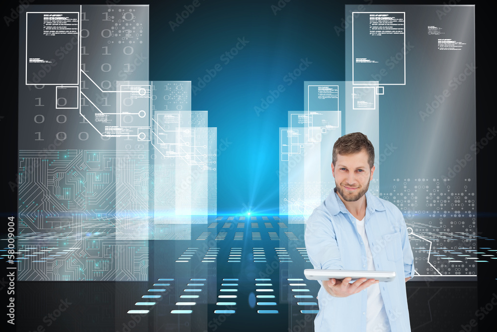 Poster composite image of happy man showing laptop to camera and smilin