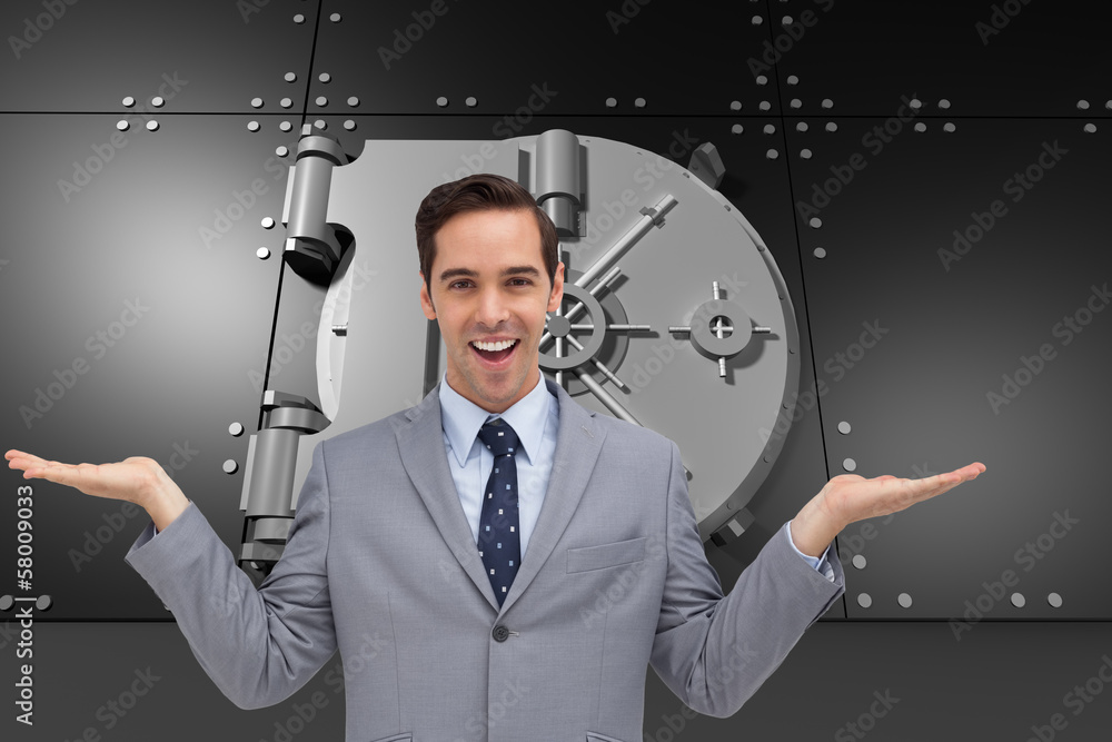 Poster Composite image of smiling businessman presenting something with