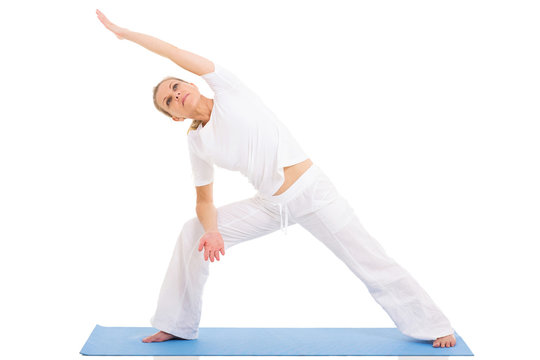 senior woman yoga on white background