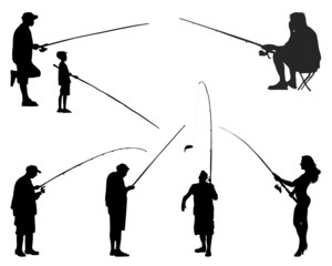 Black silhouettes of fishermen on a white background, vector