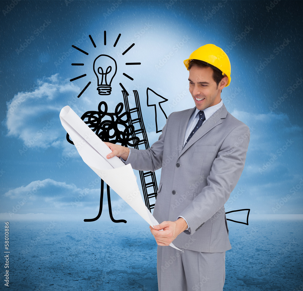 Poster Composite image of smiling architect with hard hat looking at pl