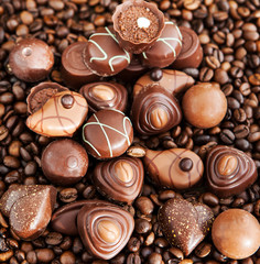 Assorted chocolate pralines on coffee beans background