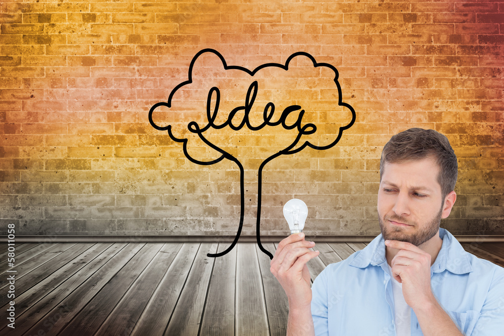 Poster composite image of sceptical model holding a bulb