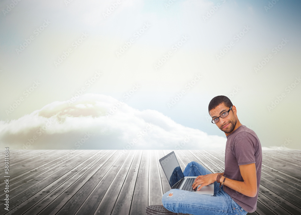 Poster composite image of man wearing glasses sitting on floor using la