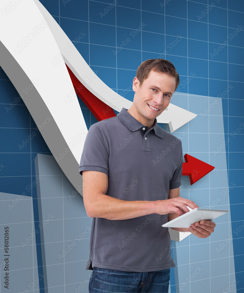 Poster Composite image of smiling young man with tablet computer