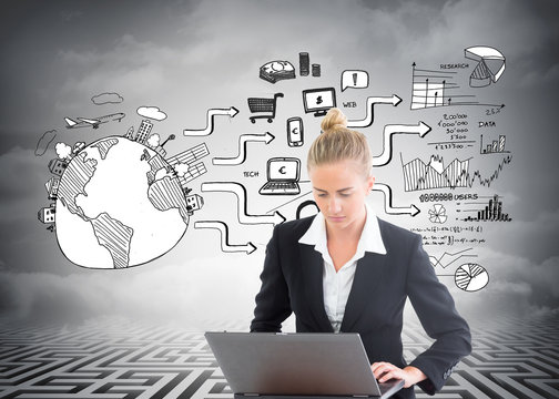 Composite image of businesswoman using laptop