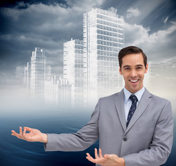 Composite image of young businessman presenting something