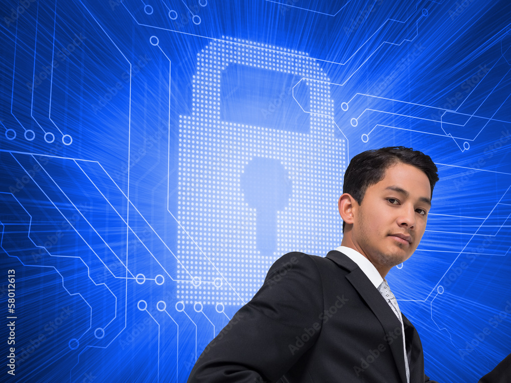 Aufkleber composite image of unsmiling asian businessman pointing