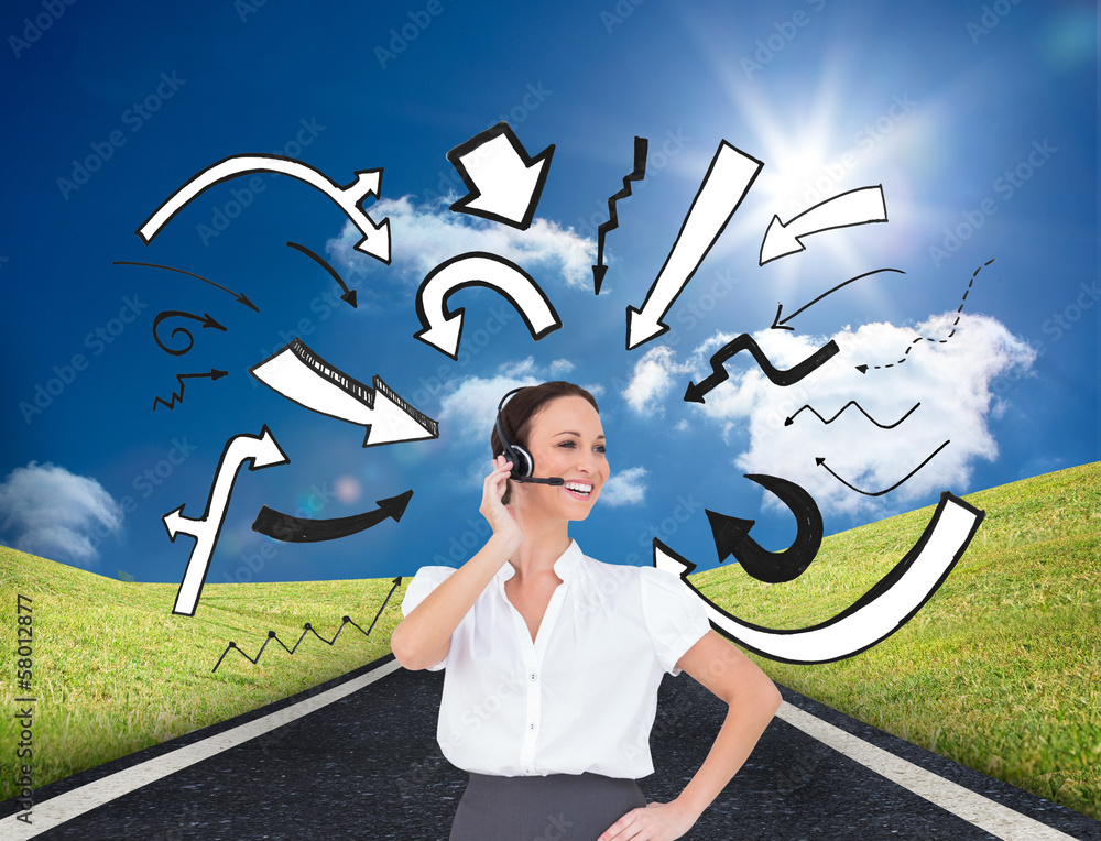 Poster Composite image of cheerful smart call center agent working