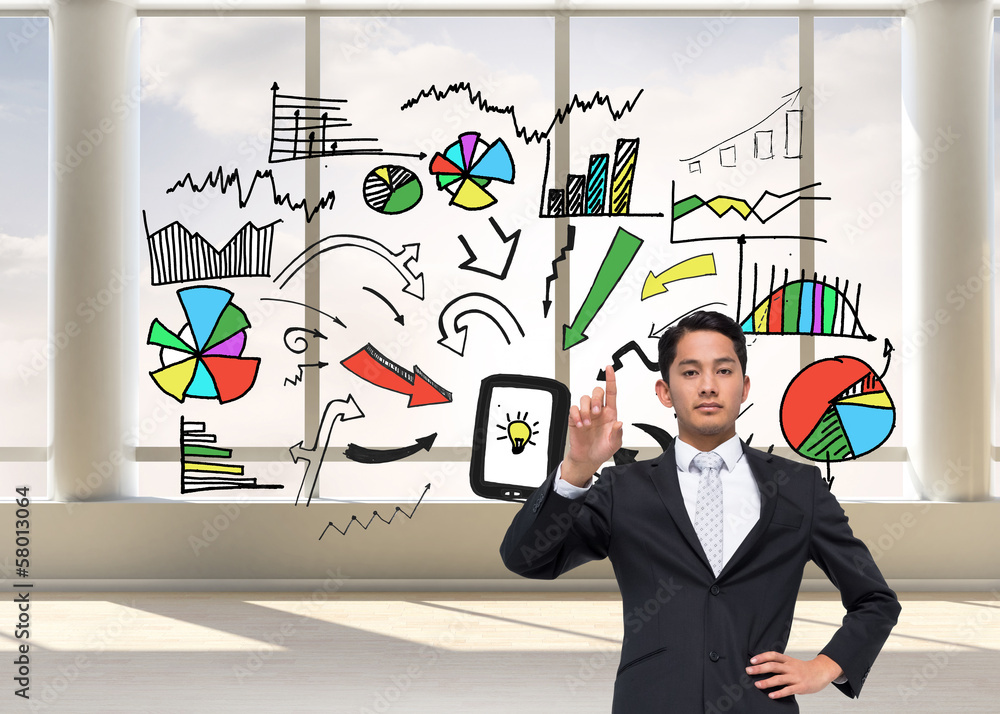 Poster composite image of unsmiling asian businessman pointing