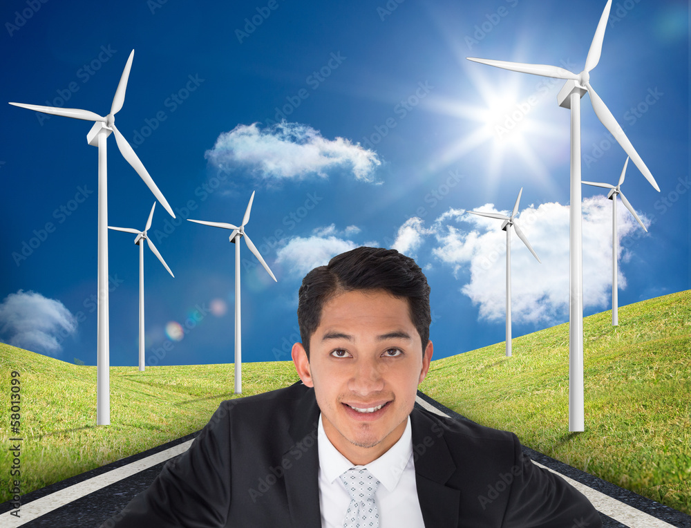 Poster composite image of smiling asian businessman pointing