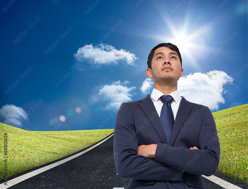Poster composite image of unsmiling asian businessman with arms crossed