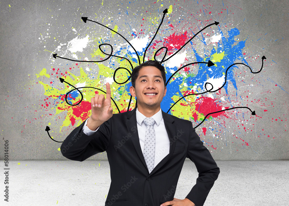 Poster composite image of smiling asian businessman pointing