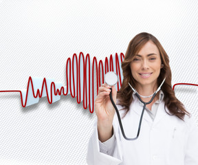 Composite image of happy doctor using stethoscope