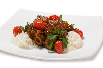 Grilled pork ribs glazed with a spicy sauce