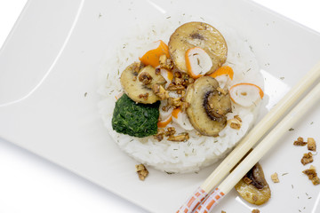 White rice with vegetables. white background