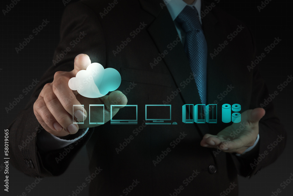 Poster businessman working with a cloud computing diagram