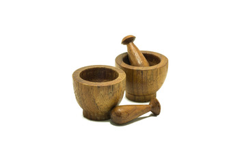 wooden mortar isolated on white background