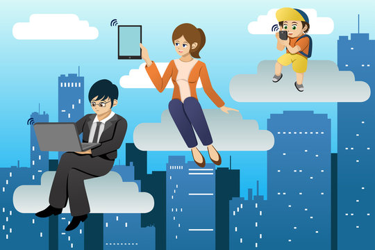 People using different mobile device in clouds computing environ
