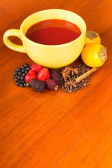 Traditional Ecuatorian dish, colada morada on yellow pot