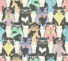 Seamless pattern with hipster cute cats for children - obrazy, fototapety, plakaty