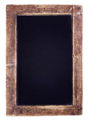 Fototapeta premium Vintage blackboard on wooden background. Blank Chalk board with