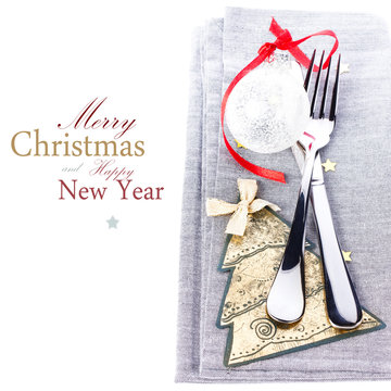 Christmas card with Festive table place setting and christmas de
