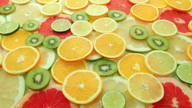 Citrus fruits orange, kiwi, grapefruit, lemon, lime, pomelo