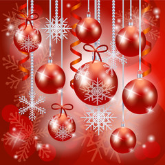 Christmas background with baubles in red