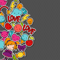 Abstract background with cute kawaii doodles.